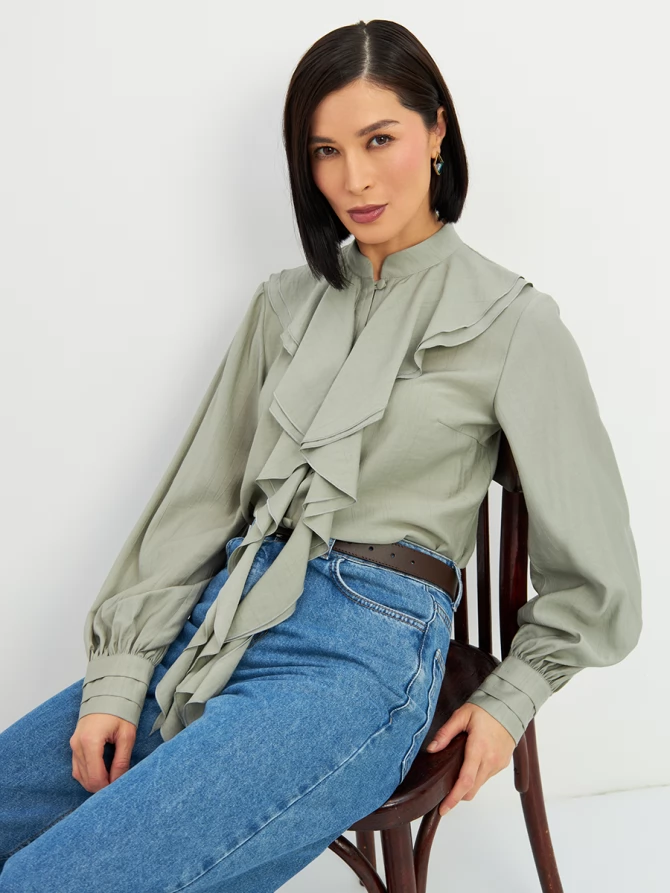 Блузкас отлетными рюшами OD-914-3 полынь