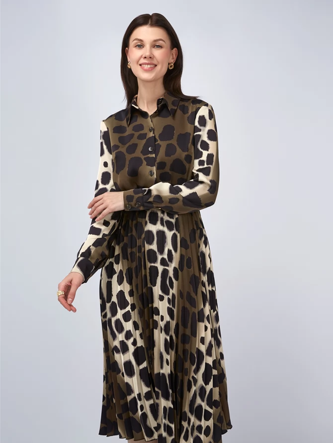 Платье с юбкой плиссе OD-883-1 леопард коричневый с хаки