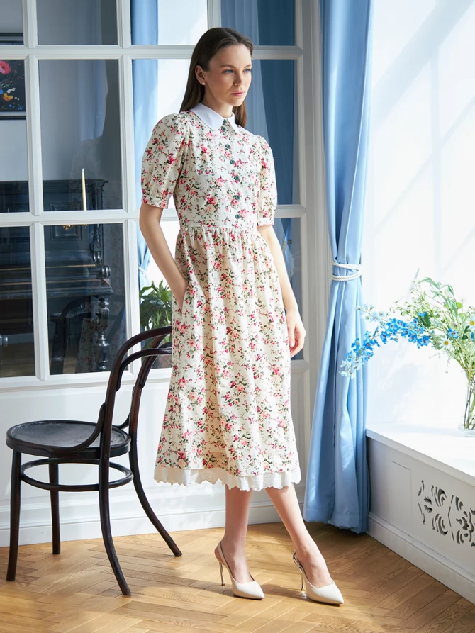 Платье хлопок OD-790-6 молочный мелкий цветок