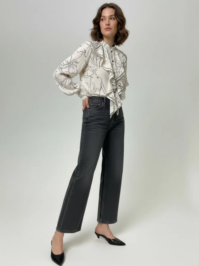 Блузка с отлетными рюшами OD-914-6 молочный с черным