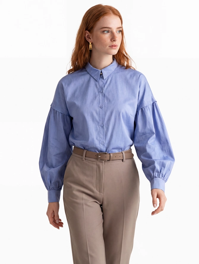 Рубашка из голубого денима с объемными рукавами