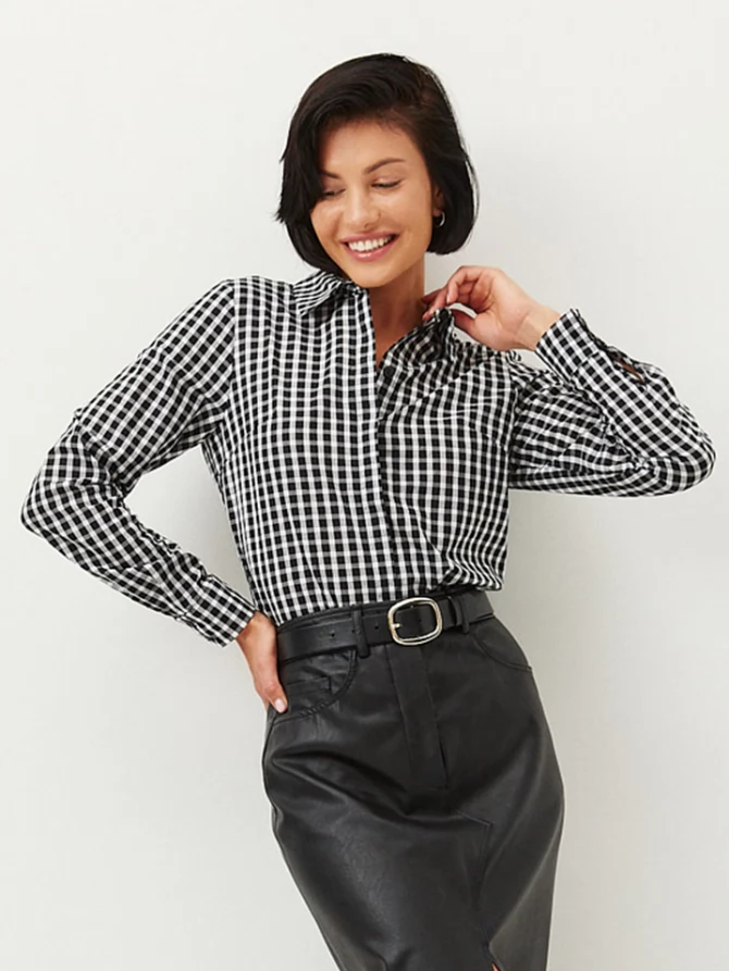 Блузка классик с контрастной стойкой OD-737-9 клетка черно-белая