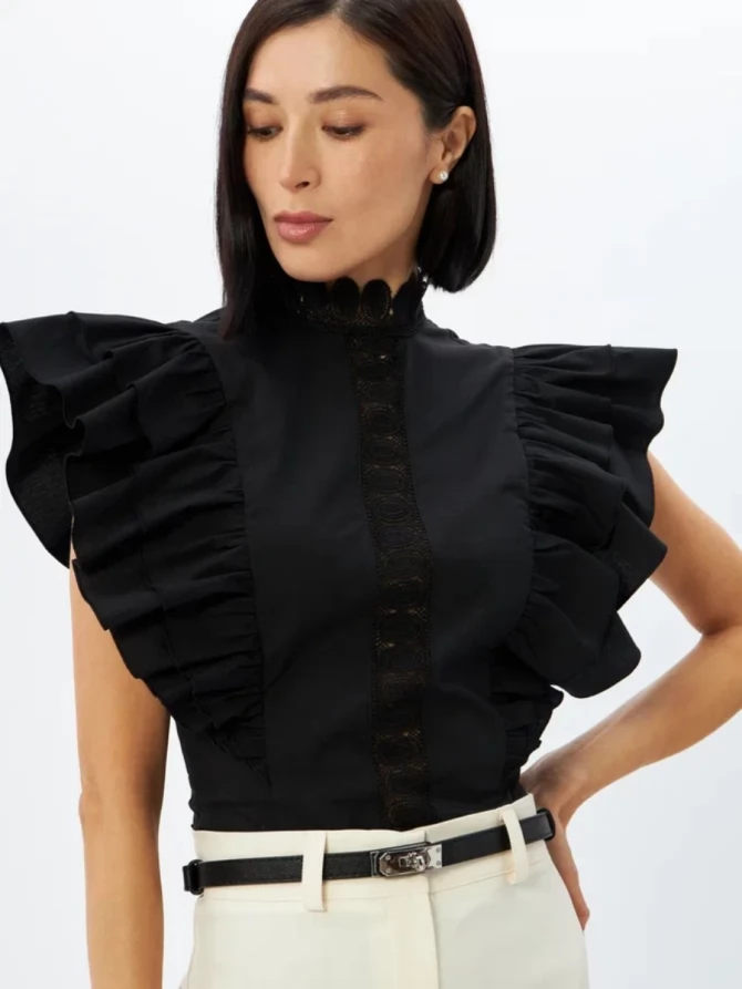Блузка из хлопка с крыльями и кружевом OD-912-2 черный