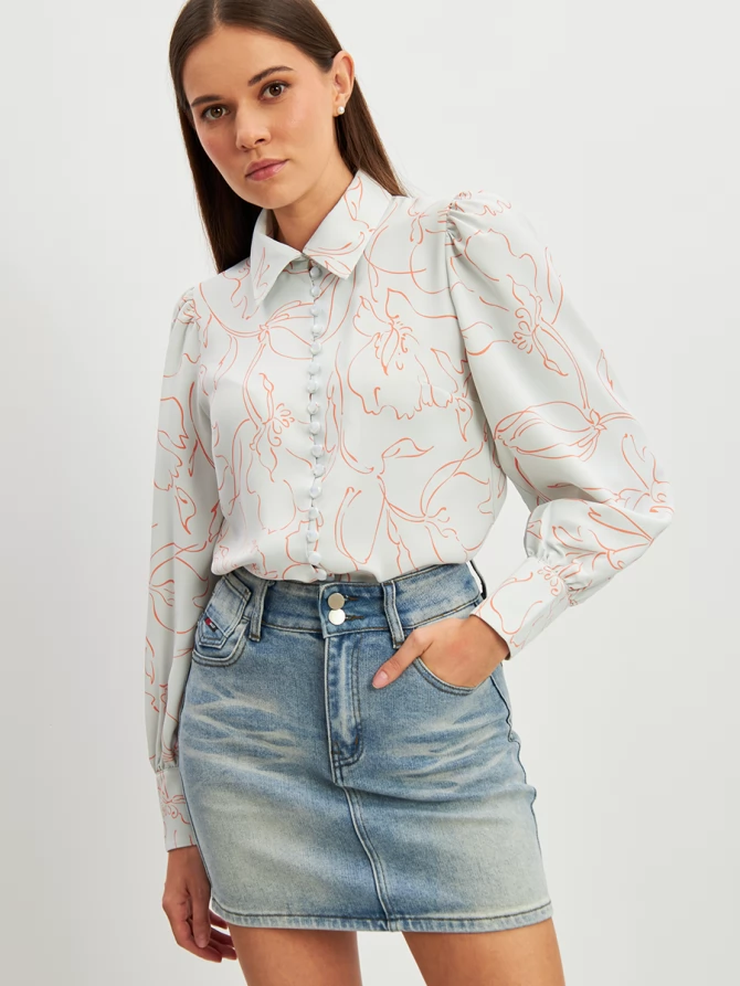 Блузка с принтом OD-639-26 голубая оранжевый цветок