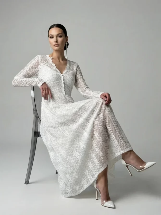 Платье из трикотажного кружева на подкладке с V-образным вырезом, белое OD-1017-2