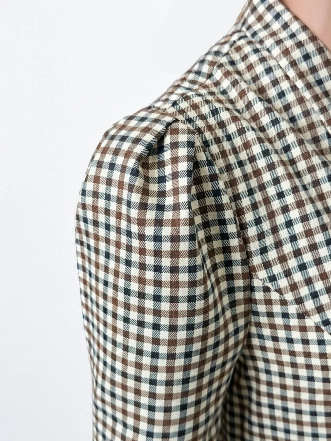 Платье с воротником стойка  OD-885-2 клетка сливочно-коричневая