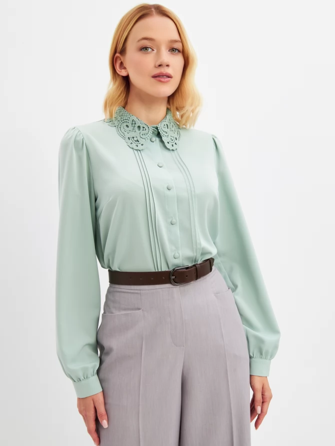 Блузка с воротником из кружева и защипами OD-913-4 св.зеленый