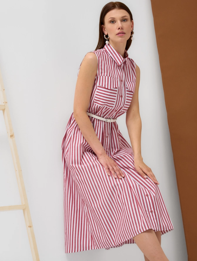 Платье-рубашка хлопковое в бордовую полоску