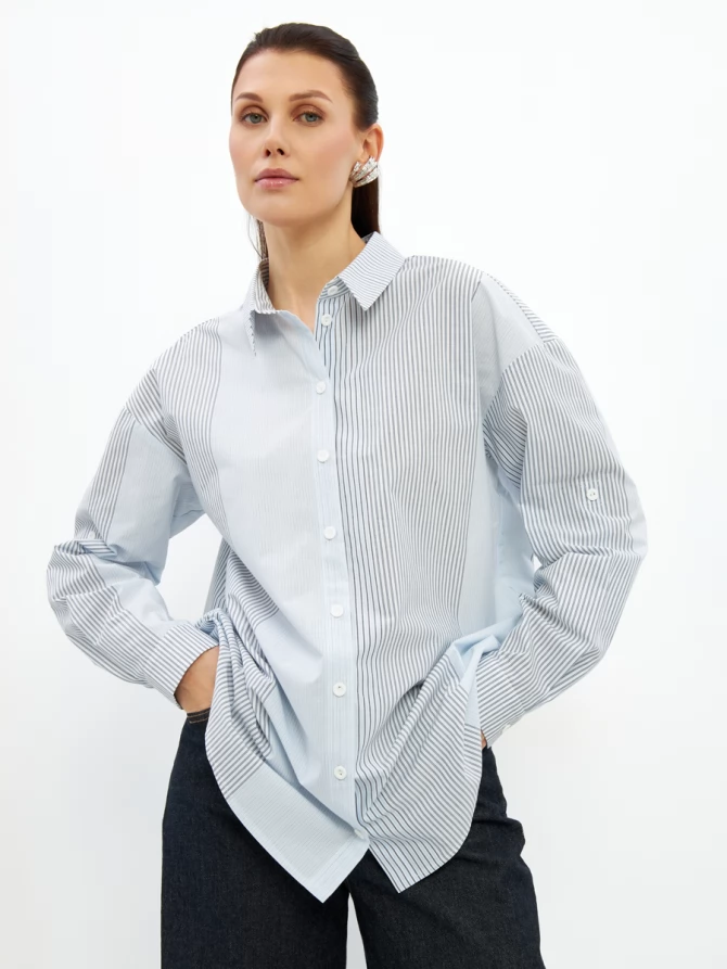 Рубашка полоса с галстуком OD-918-2 серо-голубая