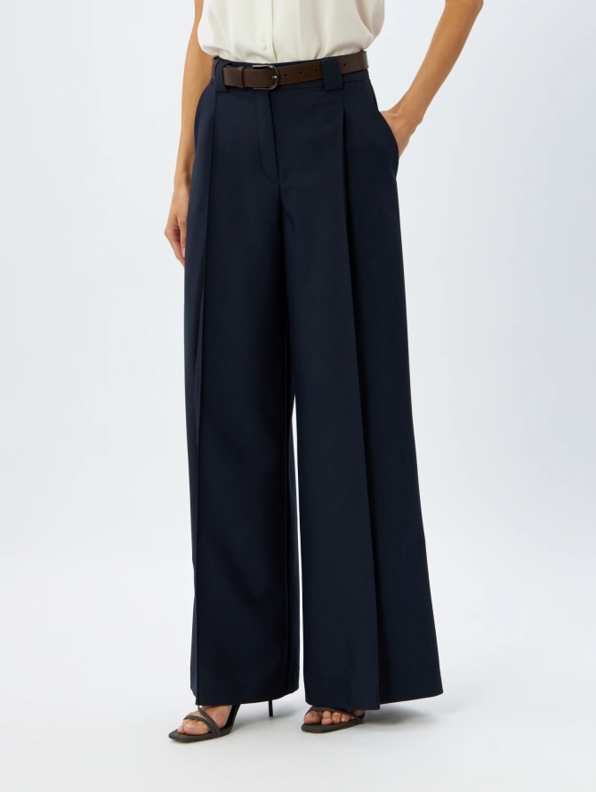 Брюки палаццо со складками, темно-синие