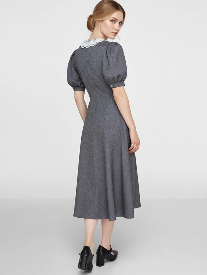 Платье с кружевным воротником  OD-888-1 серый