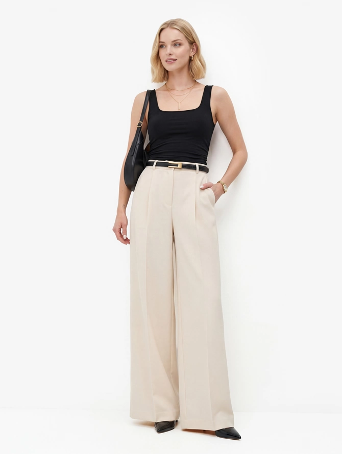 Брюки-палаццо молочные из костюмной ткани