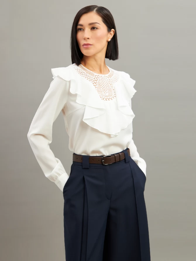 Блузка со вставкой из кружева и рюшей OD-1000-1 белый