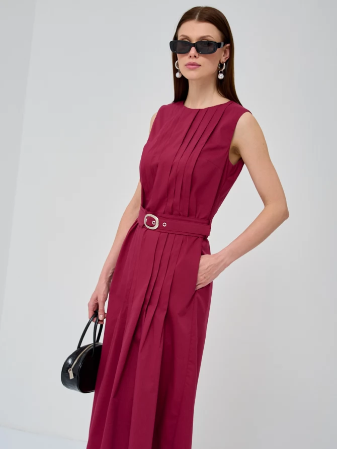 Платье хлопок OD-794-2 с поясом бордовое