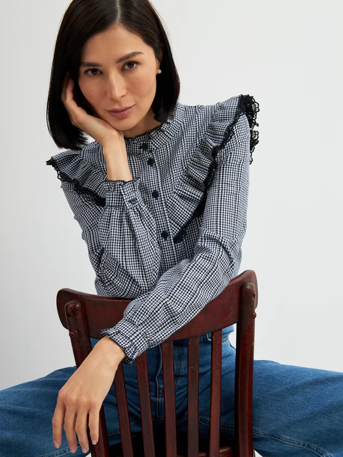 Блузка из хлопка с кружевом OD-896-2 сине- белая мелкая клетка