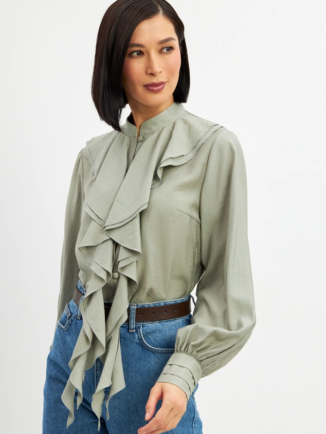Блузка с отлетными рюшами, цвет полынь