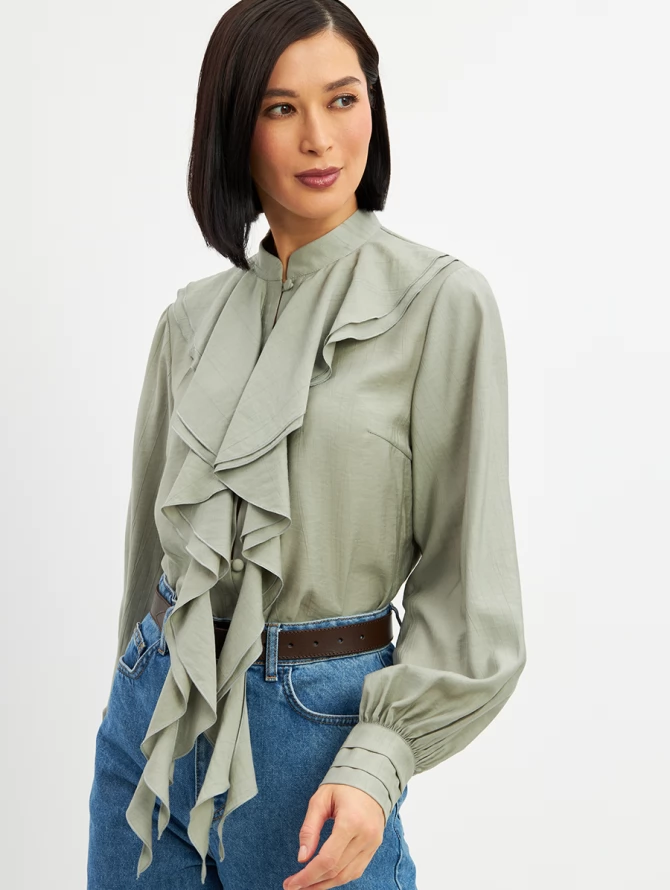Блузкас отлетными рюшами OD-914-3 полынь