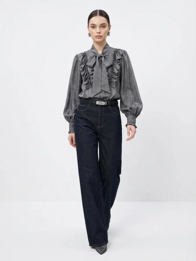 Блузка с рюшами и воротником-завязкой графит