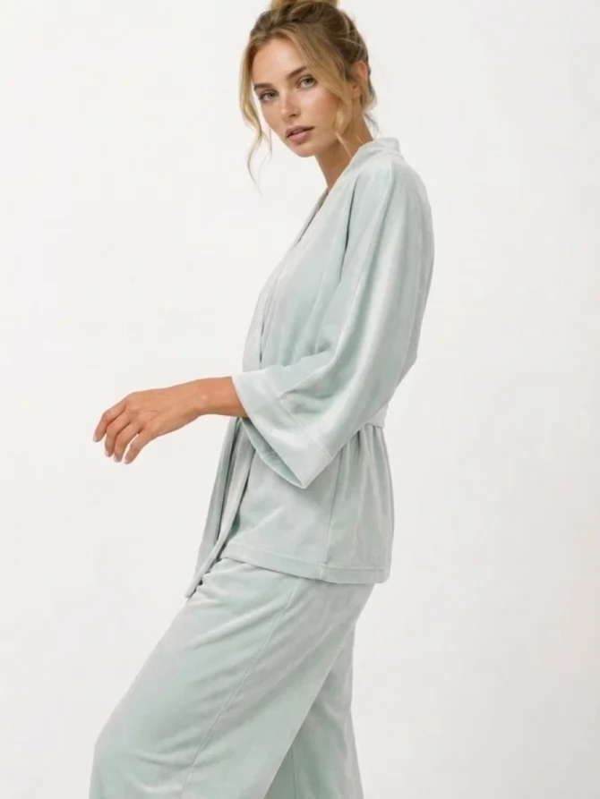 Пижама Кимоно+брюки из велюра OD-836-2 серо-зеленый