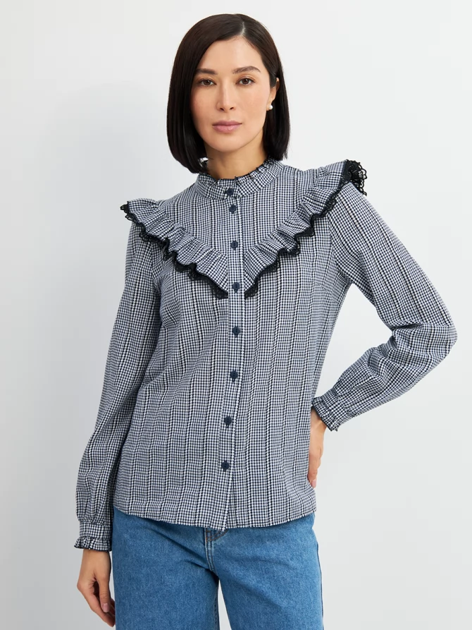 Блузка из хлопка с кружевом OD-896-2 сине- белая мелкая клетка