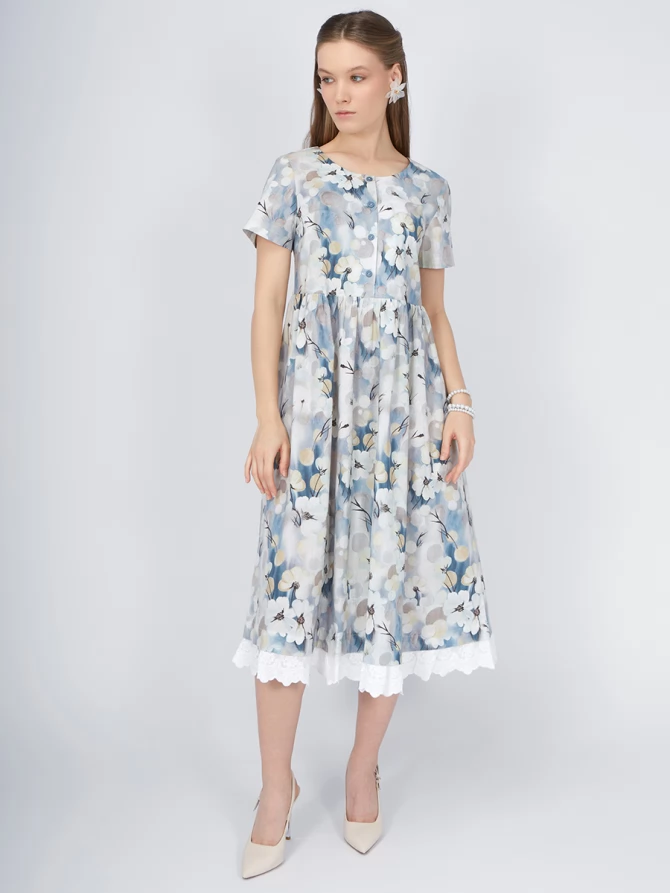 Платье из хлопка без воротника OD-727-9 крупные цветы на белом