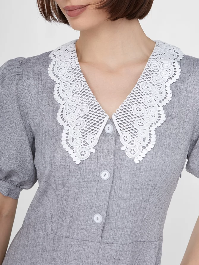 Платье с кружевным воротником  OD-888-2 св.серый