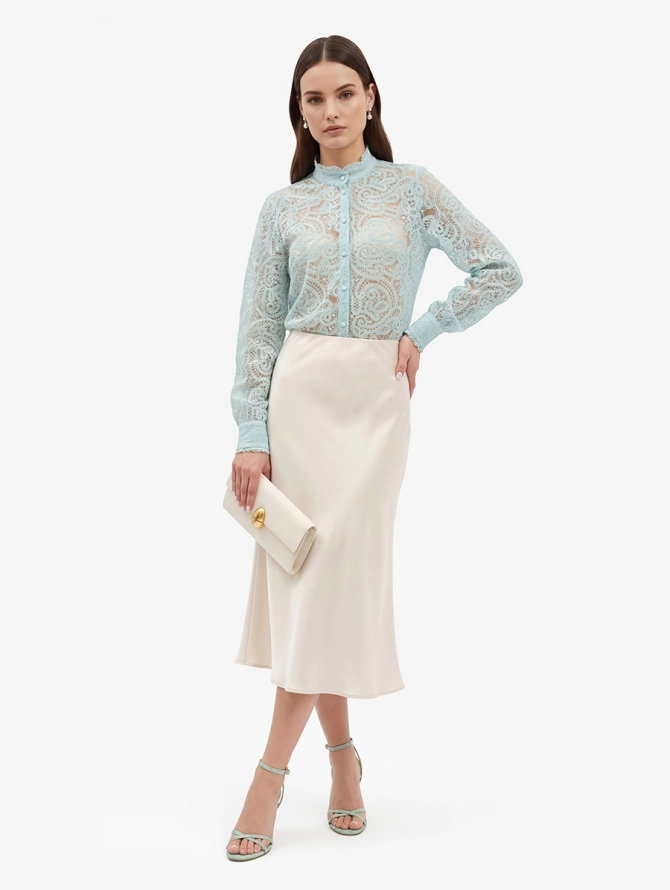 Блузка из кружевной ткани, бирюзовая