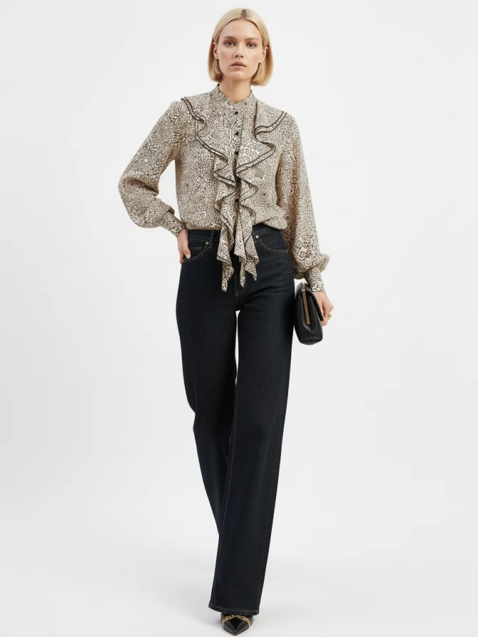 Блузка с отлетными рюшами OD-914-5 бежевый с черным