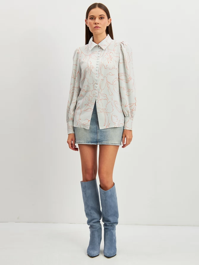 Блузка с принтом OD-639-26 голубая оранжевый цветок