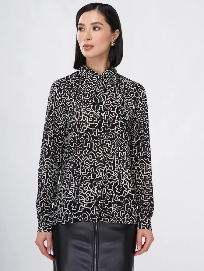 Блузка из принтованного шифона черно-молочная