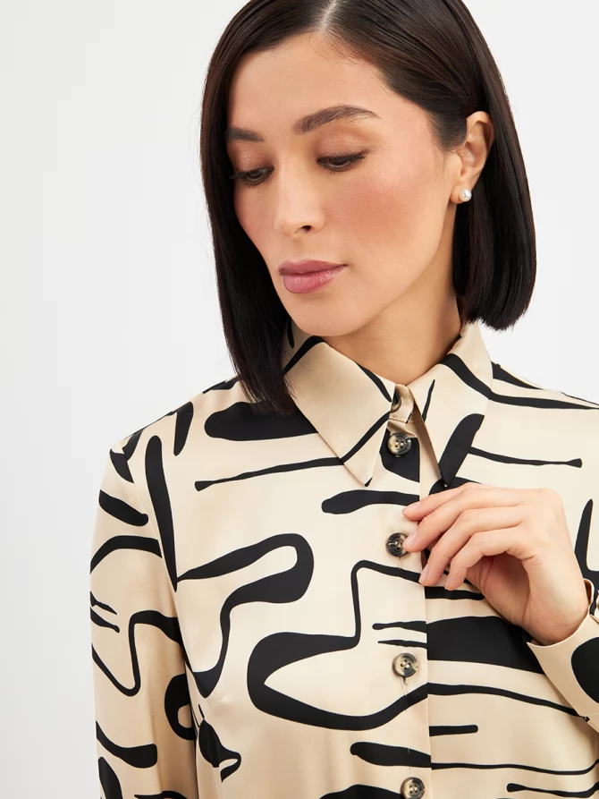 Платье с юбкой плиссе OD-883-3 бежевый с черными разводами