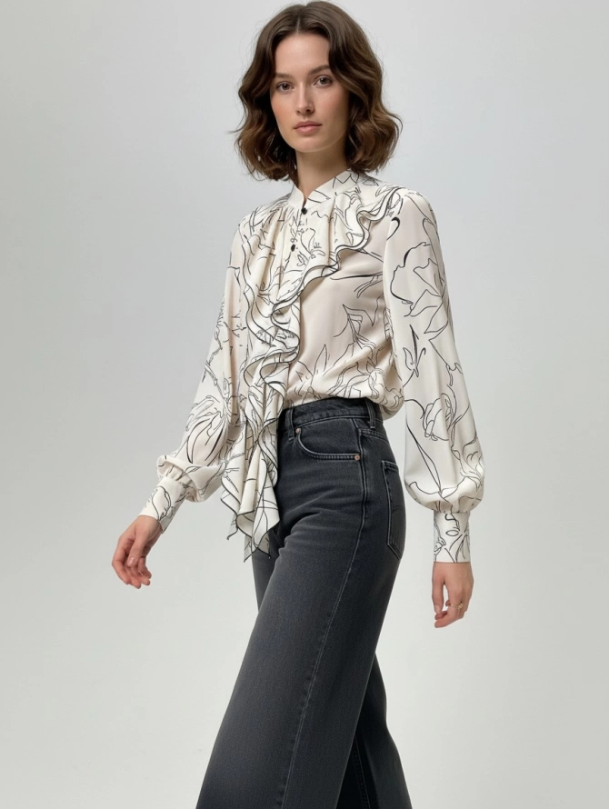 Блузка с отлетными рюшами молочный с черным OD-914-6