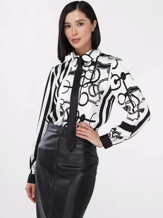 Блузка из атласной ткани  OD-887-1 черно-белая