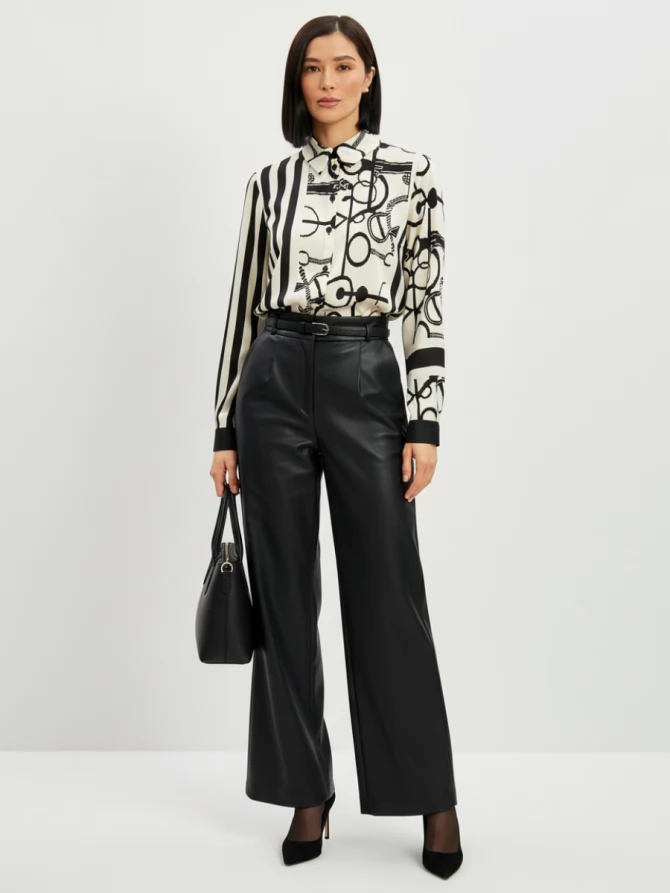 Блузка из атласной ткани  OD-887-1 черно-белая