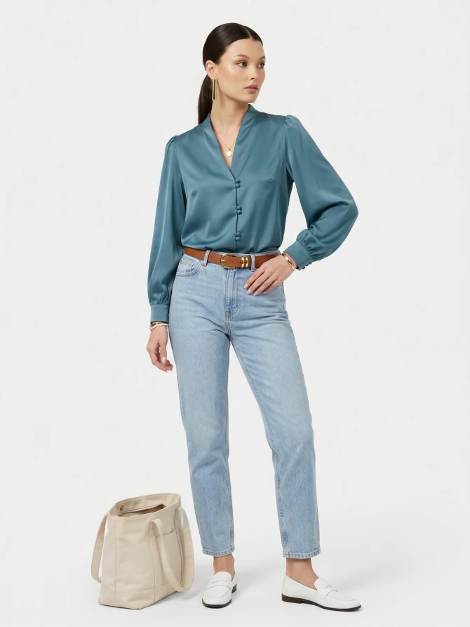 Блуза с вырезом сине-зеленая