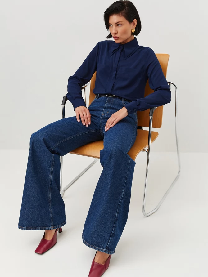 Блузка из шифона с двойным воротником OD-805-2 т. синий