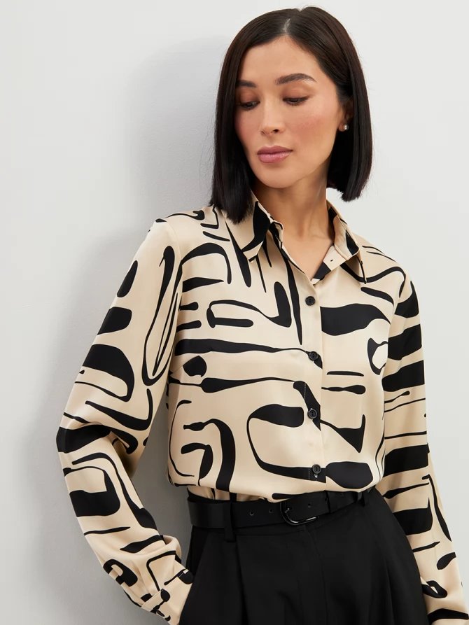 Блузка из атласной ткани OD-887-7 бежевый с черными разводами