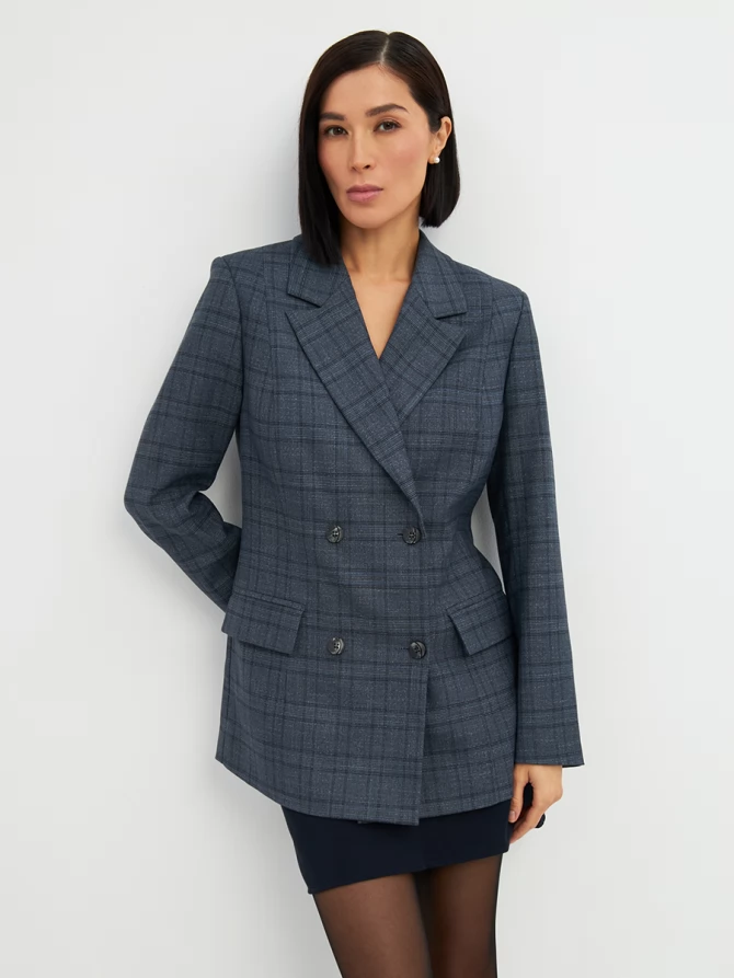 Жакет двубортный на подкладке  OD-980-2 клетка серо-синяя
