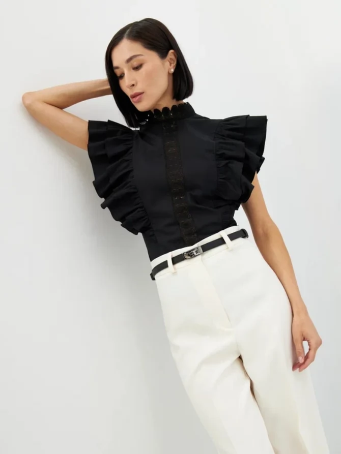 Блузка из хлопка с крыльями и кружевом, черная