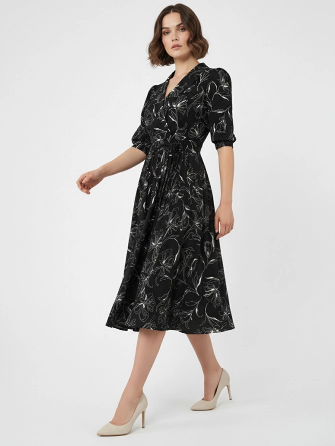 Платье миди с шалевым воротником и цветочным принтом, черное