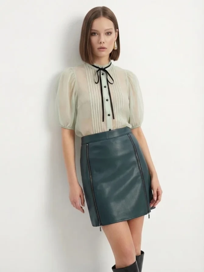 Юбка короткая из эко-кожи с молниями OD-1004-2 зеленый