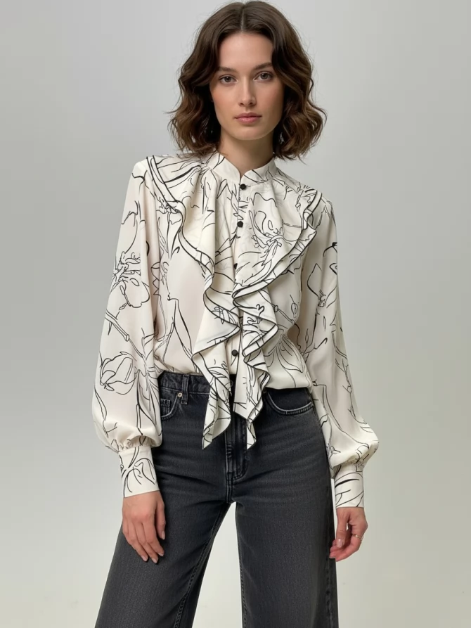 Блузка с отлетными рюшами OD-914-6 молочный с черным