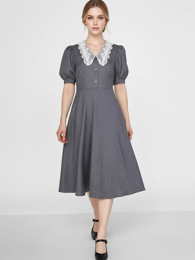 Платье с кружевным воротником  OD-888-1 серый