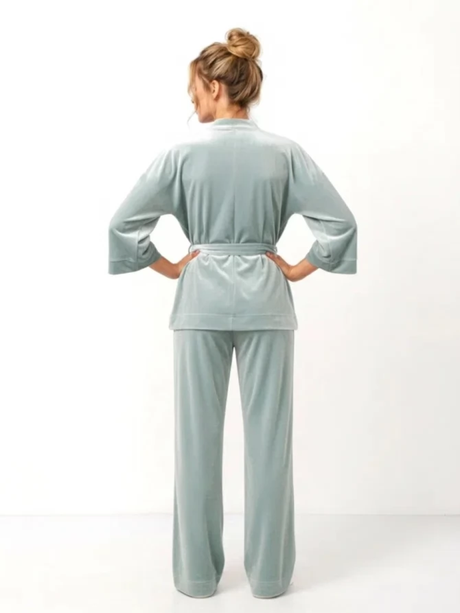 Пижама кимоно и брюки палаццо из велюра серо-зеленая