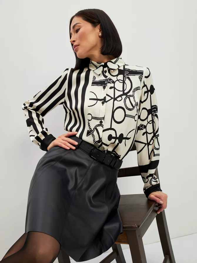 Блузка из атласной ткани  OD-887-1 черно-белая