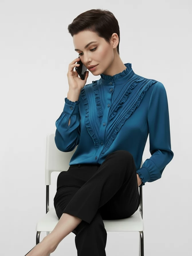 Блузка с рюшами OD-884-2 морская волна