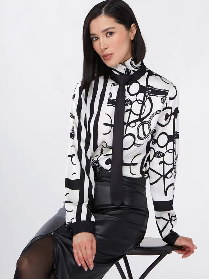 Блузка из атласной ткани  OD-887-1 черно-белая