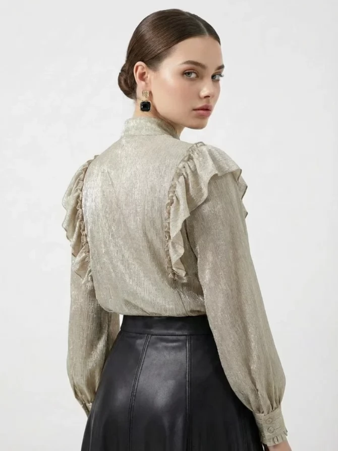 Блузка с рюшами и воротником-завязка OD-988-2 бежевый