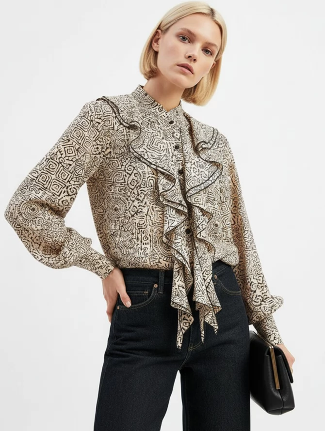 Блузка с отлетными рюшами OD-914-5 бежевый с черным