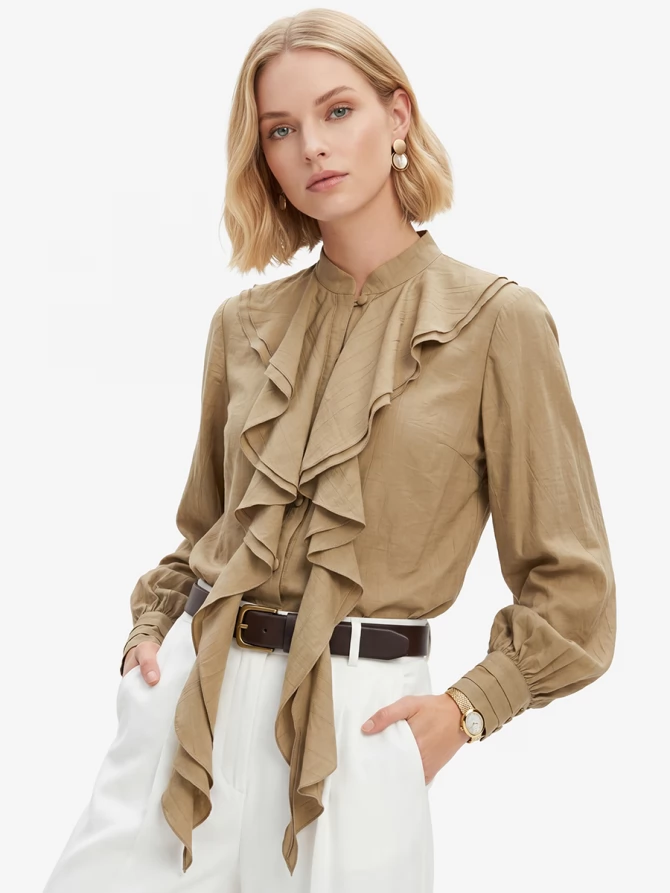 Блузкас отлетными рюшами OD-914-2 хаки